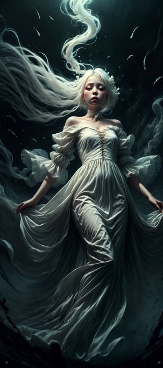 masterpiece, best quality, highres, 1girl, ghost, halloween, white hair, black eyes, white dress, colored skin, white skin, sad, floating_hair, flowing dress, misty, nighttime, ethereal wispy fog, 