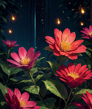 flowers, night, fireflies, warm lighting, detailed, raindrops on flower, high quality, masterpiece, best quality, great detail, creative, imaginative design, ,More Detail