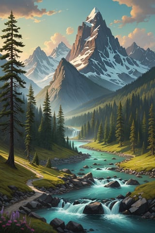 a painting of a mountain scene with a river in the foreground, in the style dan mumford artwork, concept art, maya render, tom bagshaw, and peter mohrbacher