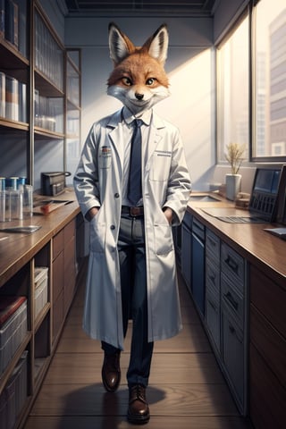 room2, a drawing of animal fox dressed in a coat, anthropomorphic fox, foxish guy in a lab coat, fox scientist, an anthropomorphic fox, an anthropomorphic cyberpunk fox, fox in a lab coat, zootopia concept art, great character design, high quality character design, an anthro fox, expert high detail concept art