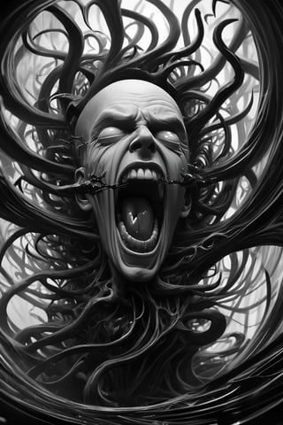 (surreal, conceptual, haunting, wallpaper, ultra detailed, high quality),  his endless screaming makes his own mind eat him up, abstract, surrealism, black and white, artstation, deviantart, pinterest, 8 k 