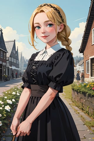 Dutch girl wjs07, blonde, braid, happy, traditional Dutch clothing, Dutch village background, (masterpiece, best quality:1.3), 