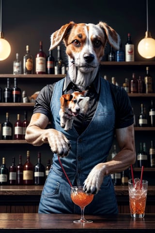 (an animal, dog, anthropomorphic jack russell:1.5) standing behind a bar with a glass in front of him, portrait of a anthropomorphic jack russell bartender, anthropomorphic jack russell standing at the bar, mixing a drink, standing at a bar, alone at a bar, anthropomorphic jack russell bartending, portrait shot, in a bar, paw shot, portrait shot 8k, mid shot portrait, closeup portrait shot, detailed portrait shot, anthropomorphic jack russell, animal, dog, 