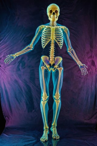 (best quality, epic masterpiece:1.3), (analog photo, full length, full view), x-ray art of a man in a psychedellic color background, transparent skin, skin outline using vivid colors, expressive pose, x-ray skeleton