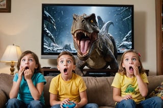 ((view from the side:1.33)), A thrilling photo of a family watching TV, unaware of the imminent danger. Suddenly, a dinosaur leaps out of the screen, roaring loudly, and terrifies the family. The TV screen is shattered, and the dinosaur's eyes glint with ferocity. The family members are frozen in fear, with their mouths agape, while the dinosaur's claw is extended, ready to pounce., photo