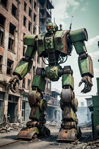 (analog photo:1.5), Imagine a methodically evil robotic soldier, a relic from Stalin's infantry, coated in a menacing shade of green with patches of rust, exuding a sense of ominous decay. This mechanical behemoth, with its towering presence, is reminiscent of a bygone era of totalitarian might. Its movements are calculated and precise, instilling fear in all who dare to cross its path. With fiery projectiles erupting from its weaponized appendages, it leaves destruction in its wake, a terrifying force to be reckoned with. This dystopian vision is brought to life through a fusion of retro-futuristic and steampunk art styles, blending mechanical intricacy with a gritty, industrial aesthetic.