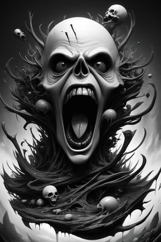 (surreal, conceptual, haunting, wallpaper, ultra detailed, high quality),  his endless screaming makes his own mind eat him up, abstract, surrealism, black and white, artstation, deviantart, pinterest, 8 k 