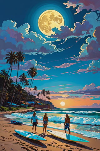 Erin Hanson& Donato Giancola& Nicolas de Stael, full moon, sandy parking lot, surfboards, palm, whitewater, clouds, saturated, painting, waves, 8k