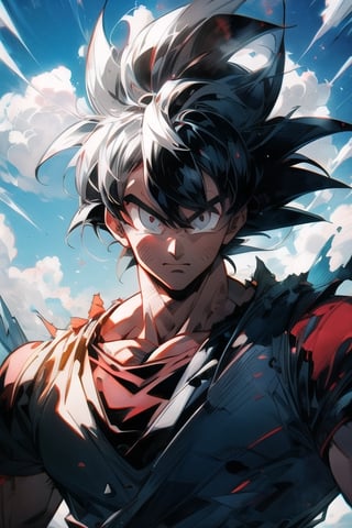 dragon ball art, in the style of solarization effect, dark red and gray, uhd image, charming anime characters, dark silver and sky-blue, heavy shading, handsome ,son goku