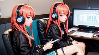 anime girl sitting at a desk with headphones on writing, anime style 4 k, digital anime illustration, digital anime art, anime style. 8k, anime moe artstyle, anime art wallpaper 4 k, anime art wallpaper 4k, anime style illustration, smooth anime cg art, detailed digital anime art, anime art wallpaper 8 k, realistic anime 3 d style, (lo-fi:1.2, synthwave:0.5)