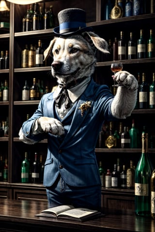 An imaginative image of an animal ((anthropomorphic dog)) bartender, complete with a lively personality and a friendly manner. The bartender wears a casual, bowler hat and a leather-bound book, revealing a myriad of fascinating stories and intriguing anecdotes. The warm, inviting atmosphere creates a sense of camaraderie and camaraderie is evident in the audience, many of whom share in this unique bond. standard lens, low light, shallow depth of field