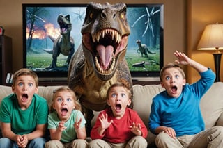 A thrilling photo of a family watching TV, unaware of the imminent danger. Suddenly, a dinosaur leaps out of the screen, roaring loudly, and terrifies the family. The TV screen is shattered, and the dinosaur's eyes glint with ferocity. The family members are frozen in fear, with their mouths agape, while the dinosaur's claw is extended, ready to pounce., photo