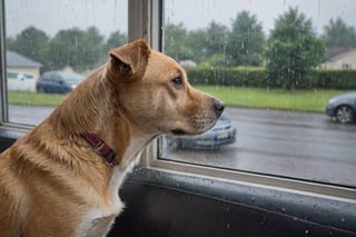 a side shot of a dog looking out a window, dog laying on sofa near front window of house, dog watching cars driving in the rain, it's raining outside, looking sad, raining outside, sad look, lost in thought, in a rainy environment, driving rain, sad, tears in the rain, with a sad expression, thinking, deep in thought, thoughtful, concerned, sad dog, rainy mood,