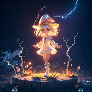 (dark background:1.33), start lights, ruins, full body, chibi, (18year old girl:1.5)), Anime SFW image, beautiful girl, slender figure, young adult, random poses, random angles, A composition that captures the whole body, detailed fan art, witch girl, splash art anime kawaii, bright witch, official artwork, witch hat commission, Cheerful, official fan art, cute art style, best quality, extreme light and shadow, magical wand, white thigh high boots, brown robe, white skirt, night view, bouncing hair, 1 girl, anime style, small face features, large expressive eyes, small nose, thin lips, small chin, soft hands, (realism: 1.2), petite, bangs, (trace the contour with detailed intricate white thin lined crackling shimmering vibrant lightning:1.3), (glowing:1.1), (shimmer and twinkl:1.2), luminism, breathtaking fusion of light, indelible impression, high quality, masterpiece, swirling luminescent ribbons, (halloween theme:1.15), 