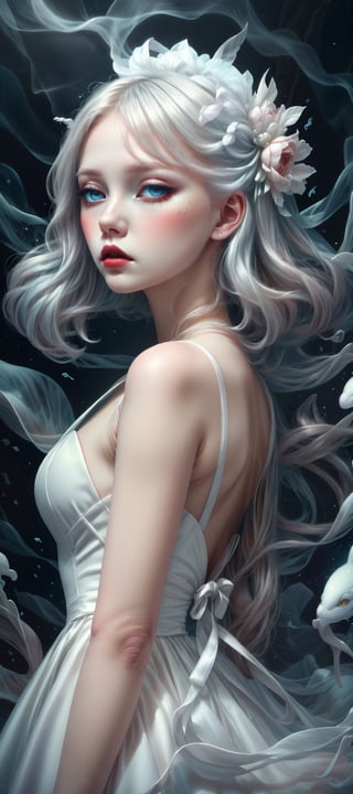 masterpiece, best quality, highres, 1girl, ghost, halloween, white hair, dazzling blue eyes, lush lips, closed mouth, embellished white bridal dress, colored skin, white skin, sad, floating_hair, flowing dress, misty, nighttime, ethereal wispy fog, light on face, ,Imaginative_Melodies