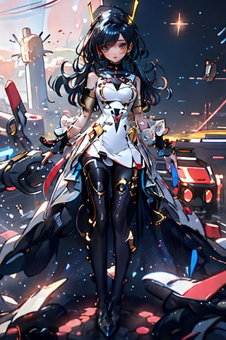 a girl, thunder yellow jacket, tight suit, Space helm of the 1960s, skirt_tail, and the anime series G Force of the 1980s, Daft Punk wlop glossy skin, ultrarealistic sweet girl, space helm 60s, holographic, holographic texture, the style of wlop, space, hourglass body shape, (chromatic aberration:1.15), 