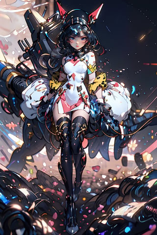 a girl, thunder yellow jacket, tight suit, Space helm of the 1960s, skirt_tail, and the anime series G Force of the 1980s, Daft Punk wlop glossy skin, ultrarealistic sweet girl, space helm 60s, holographic, holographic texture, the style of wlop, space, hourglass body shape, (chromatic aberration:1.15), 