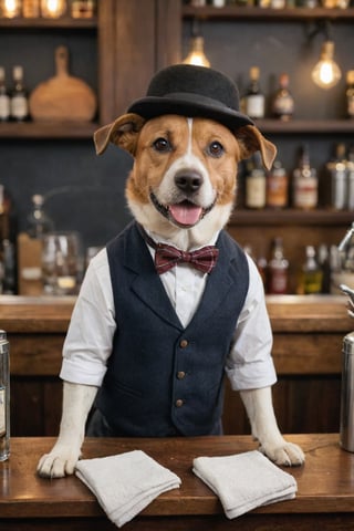 ((best quality, masterpiece, epic)), anthropomorphic canine, photorealistic scene, realistic lighting, dim lights, low light, depth of field, shallow focus, bokeh, warm inviting atmosphere. BREAK 
Behind the counter is a friendly and lively anthropomorphic dog bartender, wearing a bowler hat, fancy vest and a cleaning towel hung over shoulder, he pours a bottle of fine scotch into a glass. BREAK 
Standing in front of the bar counter many eager patrons await service, they regal jokes and stories of their lives, dressed in casual wear. BREAK
Lively atmosphere, camaraderie among grins who are warm and inviting. BREAK
Camera: Canon R5, lens: 50mm, f-stop: 2, anthropomorphic canine,