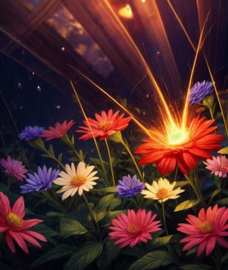 flowers, night, sparks, light rays, detailed, raindrops on flower, high quality, masterpiece, best quality, great detail, creative, imaginative design, ,More Detail