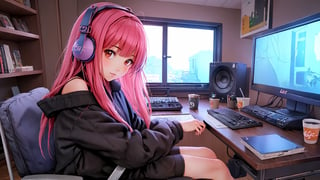 ((1girl, solo:1.3)), (lo-fi, lofi ambiance:1.55), anime girl sitting on chair at computer desk with headphones on, writing in diary and studying, wearing synthwave t-shirt, bell_bottom pants, socks, off-shoulder jacket, anime style 4 k, digital anime illustration, digital anime art, anime style. 8k, anime moe artstyle, anime art wallpaper 4 k, anime art wallpaper 4k, anime style illustration, smooth anime cg art, detailed digital anime art, anime art wallpaper 8 k, realistic anime 3 d style, 