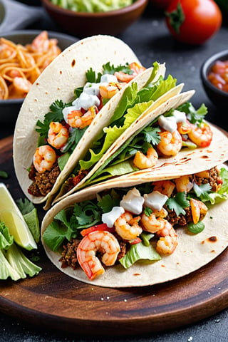 ((best quality, masterpiece, epic)), product photo, taco with shrimp, lettuce, onions and cheese, award winning food photography, high quality food photography, amazing food photography, professional food photography, food commercial 4k, hd food photography, award winning food photo, best on adobe stock, professional food photo, food photography, taco bell, tacos, 4k food photography, 4k food photography, shutterstock, camera: Canon R5, lens: 50mm, f-stop: 2, 