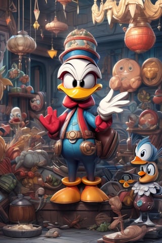 DonMASKTex, sinister ((Donald Duck)) wearing a  mecha becomes a clockwork gangster, detailed, artstation, [ghibli studio], ((pixar, dreamworks:1.4)), disney, epic composition, gothic, gothpunk, unreal engine, intricate details,