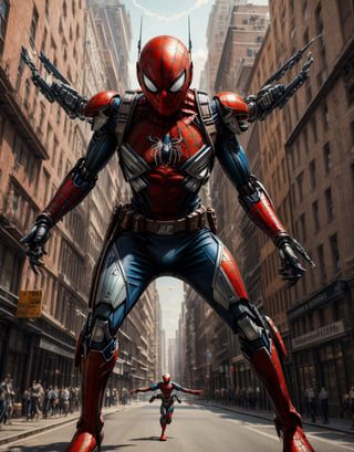 (8k, 3D, UHD, highly detailed, masterpiece, professional oil painting) A hybrid of Spider-Man and the Mandalorian • Intricately detailed,intricate complexity, 8k resolution, octane render, photoreal, hyperreal, masterpiece, perfect anatomy,super_mecha,four hand,four legs