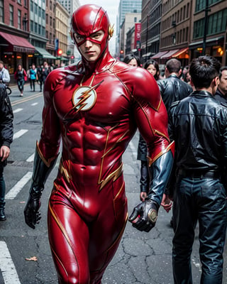 1boy, The Flash from DC Comics, original red suit, nothing in hands, (masterpiece), best quality, high quality, high detailed, perfect body,perfect_face, with mask,high_detailed_face, realism face, good body, muscular body, athletic body, big chest, tiny waist, big_ass, muscular chest, dynamic pose, in the street of Central City, ghibli style