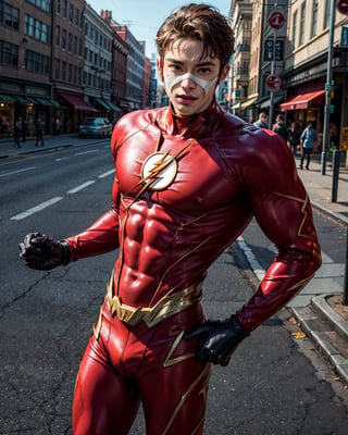 1boy, The Flash from DC Comics, original red suit, nothing in hands, (masterpiece), best quality, high quality, high detailed, perfect body,perfect_face, with mask,high_detailed_face, realism face, good body, muscular body, athletic body, big chest, tiny waist, big_ass, muscular chest, dynamic pose, in the street of Central City, ghibli style,running post,with ligthning