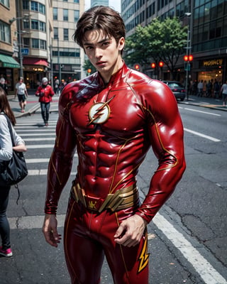 1boy, The Flash from DC Comics, original red suit, nothing in hands, (masterpiece), best quality, high quality, high detailed, perfect body,perfect_face, high_detailed_face, realism face, good body, muscular body, athletic body, big chest, tiny waist, big_ass, muscular chest, dynamic pose, in the street of Central City, ghibli style