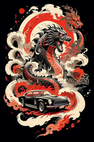 A beautifully drawn (((vintage t-shirt print))), featuring intricate ((retro-inspired typography)) encircling a (((sumi-e ink illustration))) depicting Godzilla, integrating elements of Japanese calligraphy and Monster car