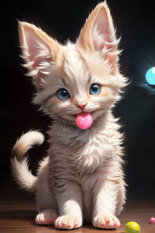 very sweet features,beautiful blue eyes,smile,adorably tiny paws,playing a ball, full-body_portrait, and two perky ears, (tiny body covered with smooth fur), (furry tail as well). (adorable face with a tiny nose), a big mouth, (8k resilution), natarul lights, unreal, masterpice, amazing, (random color body), kittenpunk, hyper realism, rough texture,