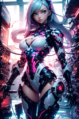 masterpiece, best quality, full body,long gray hair,long legs with shoes, (1 mechanical girl in a fighting stance:1.5),(transparent surfaces and skins:1.5),(many black mechanical gears and electronic components inside the body:1.4),(mechanical vertebra and cervial:1.3),solo,expressionless,(wires and cables from spine to arms:1.4),(mechanical arms of surgical machine around:1.2),(Circuit boards:1.4),(character focus:1.3),science fiction, ((small breasts:1.4)),((mechanical exoskeleton)),Mecha,metal bra,metal thong, small breasts, looking at viewer, ,mecha