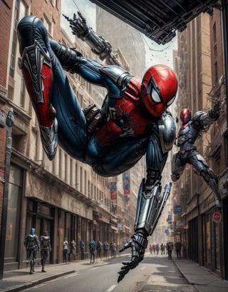 (8k, 3D, UHD, highly detailed, masterpiece, professional oil painting) A hybrid of Spider-Man and the Mandalorian • Intricately detailed,intricate complexity, 8k resolution, octane render, photoreal, hyperreal, masterpiece, perfect anatomy,super_mecha,four hand,four legs