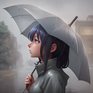 anime girl, digital art, in profile, with an umbrella in the rain,color image, anime-style image, rich and saturated colors, soft shadows, high level of detail, 3d render,contemplating the rain in a nostalgic way, 