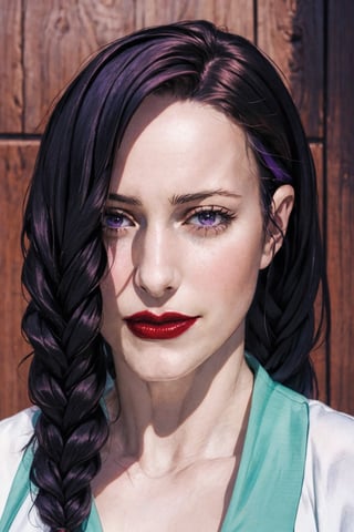 (photorealistic:1.5), anime style, closed mouth:1.0, red lips, pale skin, realistic skin,  dress, detailed pupil,  , blue haired:1.5, solo, standing,Detailedface,meidef,meimeidef, long hair, braid,purple eyes, single braid