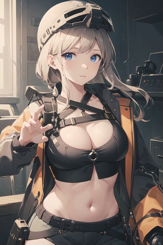,centi \(nikke\),  belt, crop top, jacket, helmet, (masterpiece, best quality), long hari, cleavage, medium breast, belly button, (dynamic pose), simpe background, intricate and highly detailed, (ultra-detailed CG unity 8K wallpaer)