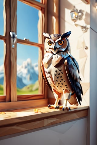 (masterpiece, best quality), owl, perched on the window, washroom, low poly, detailed, background detail, detailmaster2