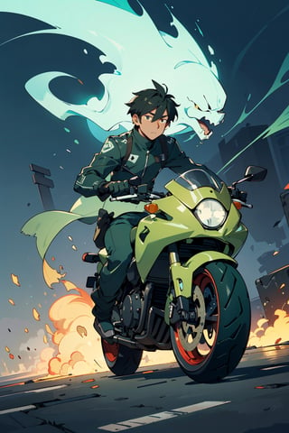 ((masterpiece, best quality)), ghost ridder, male ((without head)), dullahan, ridding motorcycle, (green fire), vibrant, detailed, CG unity wallpaper 