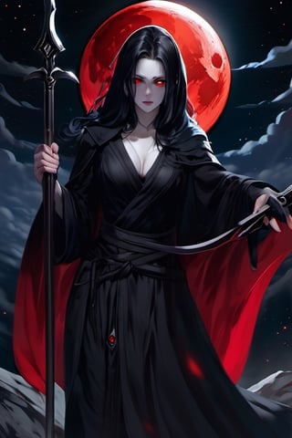 (masterpiece, best quality), solo, girl, black long hair, red eye, detailed face, wearing black robes, grim reaper clothes, sabi weapons, moonlight background, beautiful moonlight, clear ligt, ultra-detailed 