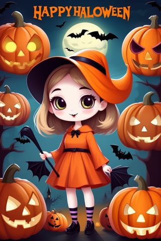 ((masterpiece, best quality)), Halloween Poster with big Text ”Happy Halloween", style_brush, pumpkin, devil, cute girl, cute zombie, cute mummy, cute character, Halloween vibes, text as "$"