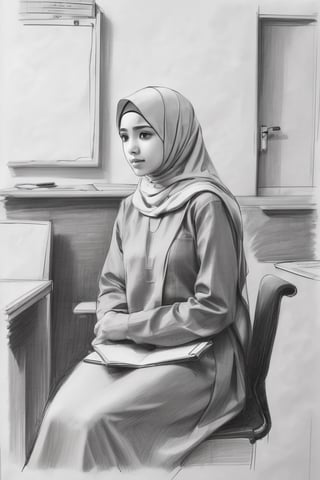 (Pencil Sketch) of female student, sitting in classroom, wearing hijab, gamis dress, attend lessons in class, (rough sketch:1.2), (simple sketch:1.3)
