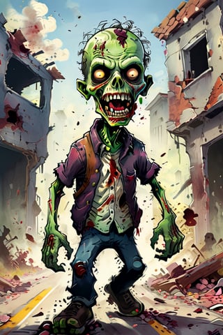 (masterpiece, best quality), cute zombie, many zombie, zombie wave, running in highway, destroyed building, toon style, more detail, more art, detailmaster2