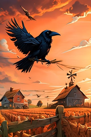 (masterpiece, best quality), detailmaster2, illustration of the crow flying over the ((scarecrow)) in the middle of the farm, with a cartoon style that looks scary, orange sky, cloud, outline, (highly detailed:1.3), (ray tracing:1.2), (global illumination:1.2), (ultra-detailed CG unity 8K wallpaper:1.3), sharp focus, film grain, (cinematic:1.2), fantasy art, surrealism ,detailmaster2