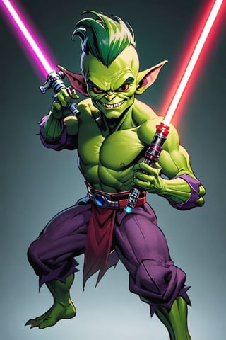 ((masterpiece, best quality)), green goblin hold light saber, star war vibes 