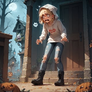 score_9, score_8_up, score_7_up, eerie atmosphere, spooky house, female explorer, hoodie, ripped jeans, boots, blonde hair, skinny, gaunt face, scared, shivering, standing, looking at a spooky monster,