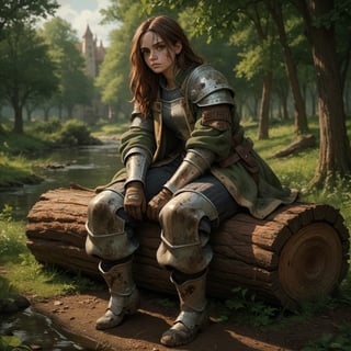score_9, score_8_up, score_7_up, solo. female, green eyes, brown hair, dirty skin, scars, armored jacket, baggy armored pants, gloves, boots, rugged, medieval fantasy, sitting on a log,