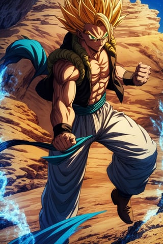 (masterpiece, best quality:1.2), , cowboy shot, solo, male focus, 1boy, gogeta, muscular male, smirk, looking at viewer,  yellow hair, green eyes, vest, blue sash, white pants, wristband, tail, pectorals,clenched_fist