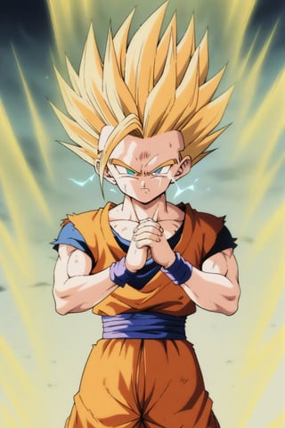 1boy,gohan,sad,crying,praying,hands_clasped,arm bands,(masterpiece,best quality:1.3)(,highres:1.3),detailed ,detailed face,detailed hair,detailed eyes,detailed face,crying_with_eyes_open,tears,electricity,aura,orange dougi,gohan,retro_artstyle,1990s_(style),super saiyan 2,blonde_hair,green_eyes