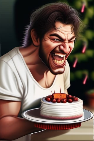crazy guy, eating cake, realistic